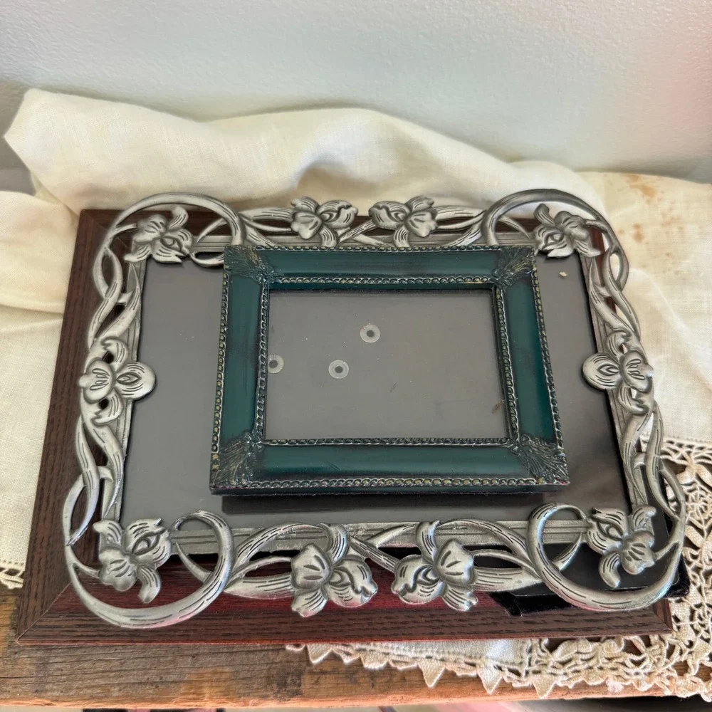 Vintage Picture Frame Set Thomasville Wood Fetco Silver Floral Green Ornate 3pc